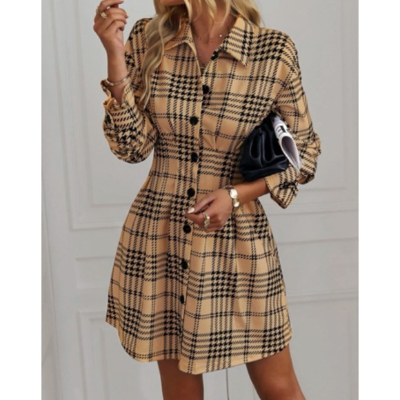 Classic houndstooth plaid button down shirt dress - Picture 6 of 16